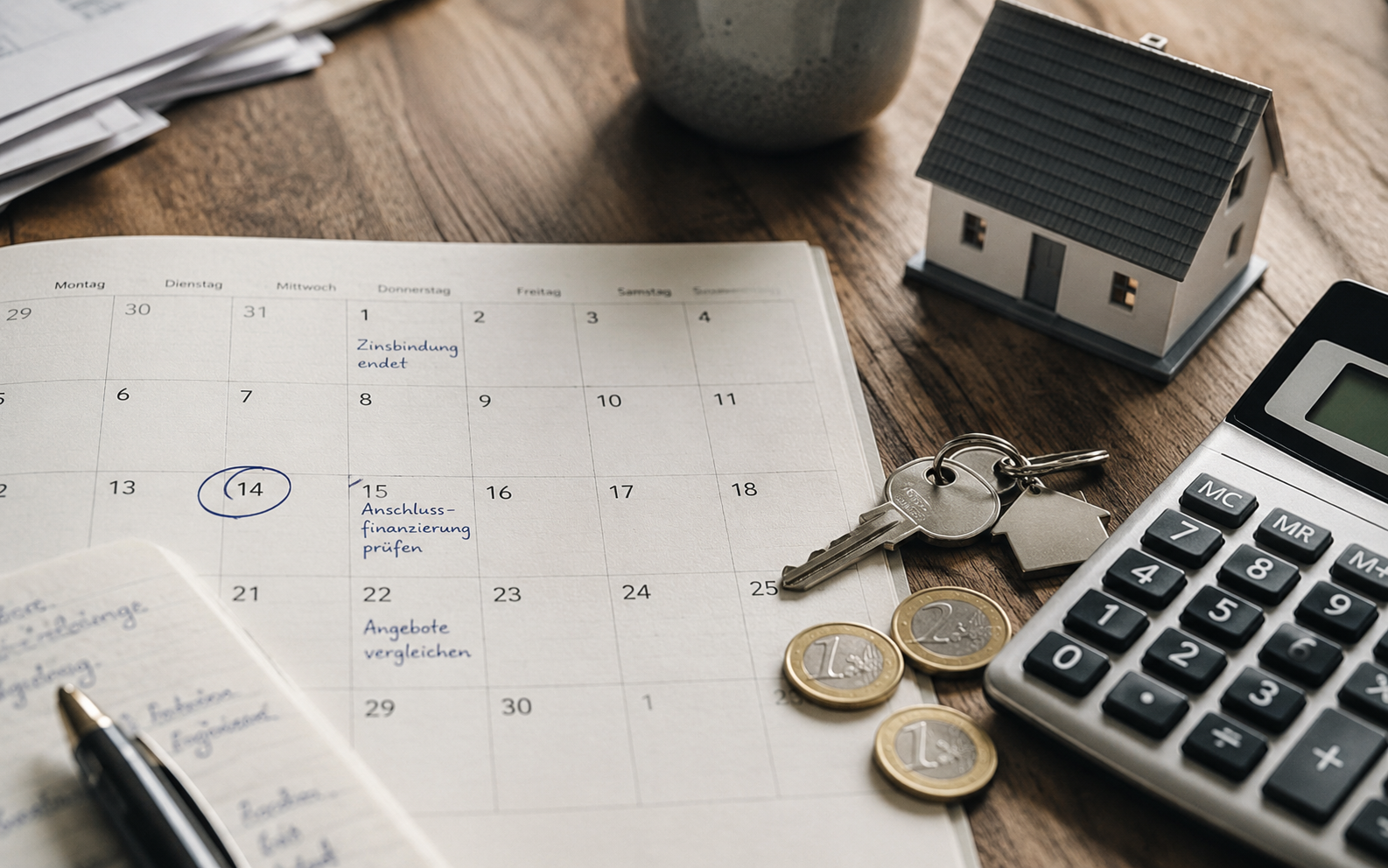 Kalender mit Termin zur Anschlussfinanzierung, Hausschlüssel, Taschenrechner und Modellhaus