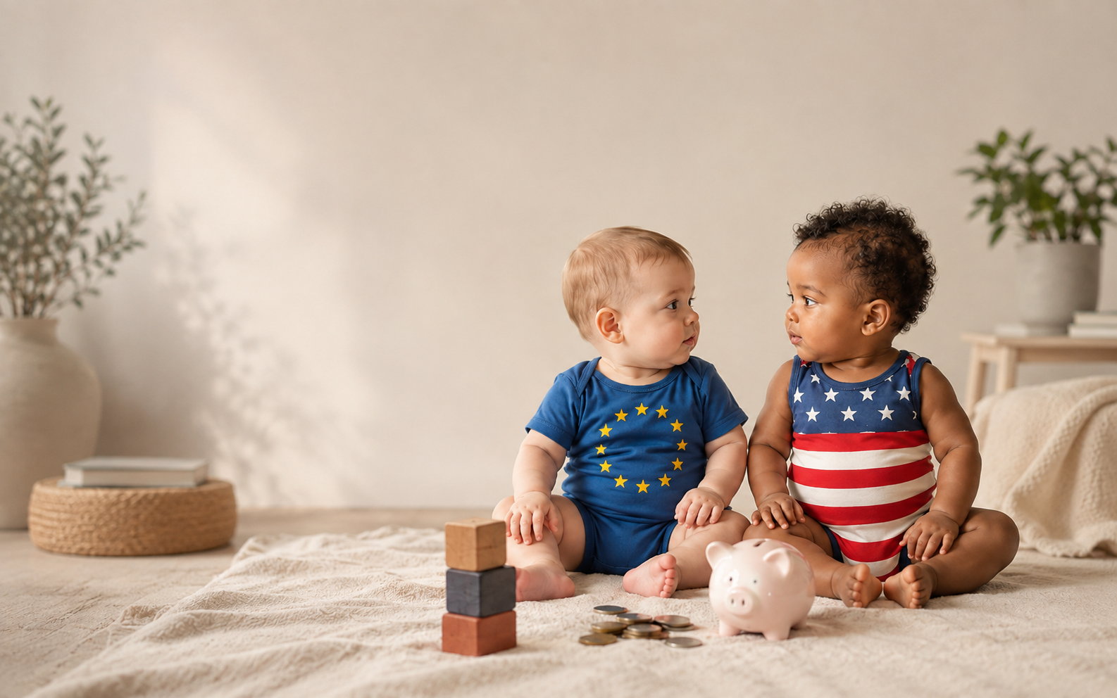 Zwei Babys in EU- und USA-Stramplern mit Sparschwein und Münzen als Symbol für Baby Bonds